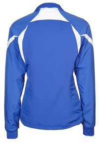 Blå sportjacka med långa ärmar, med vita detaljer på axlar och sidor, tillverkad av ett mjukt, lätt material.