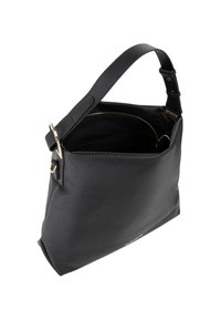 Borsa a mano in pelle nera con tracolla larga regolabile, fibbia color oro e apertura superiore che mostra una tasca interna con cerniera.