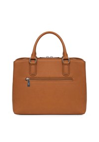 Bruine leren handtas met een gestructureerde afwerking, dubbele bovenhandvatten, een ritssluiting en een voorvak met ritssluiting. Hardware in zilverkleurige accents.