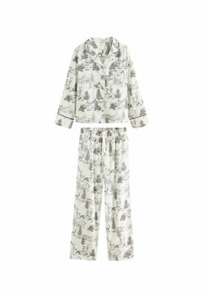 Tryckt pyjamasset i ljus kräm med grå skog och djurmönster. Långärmad topp med knappar, byxor med elastisk midja och dragsko.
