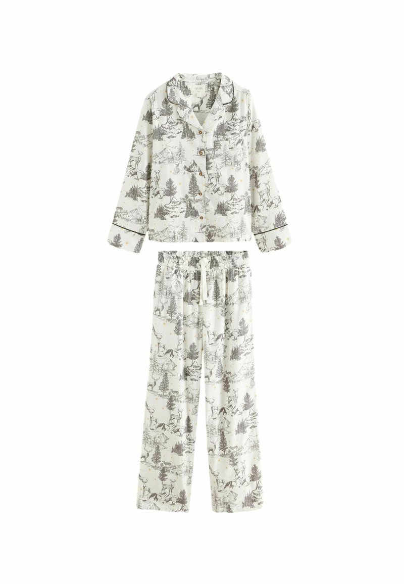 Tryckt pyjamasset i ljus kräm med grå skog och djurmönster. Långärmad topp med knappar, byxor med elastisk midja och dragsko.