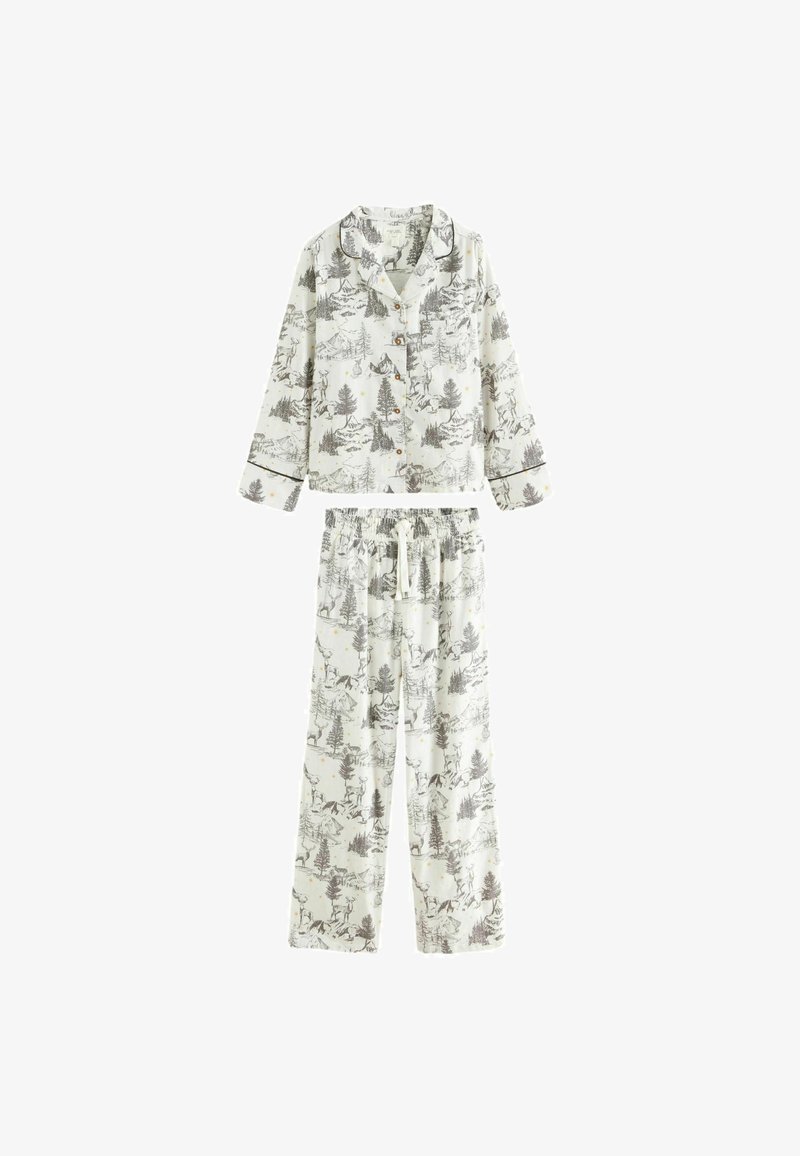 Printed pajama set in light cream with gray forest and animal motifs. Long sleeve top with buttons, elastic waistband pants, and drawstring.