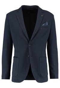 Granatowa marynarka w kratę z klapami wciętymi, dwoma przednimi kieszeniami, zapięciem na pojedynczy guzik i kontrastującą poszetką. Gładka faktura materiału.