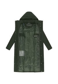 Cappotto lungo verde scuro con cappuccio, dotato di chiusura a bottoni a pressione, tasche interne e fodera brillante con etichetta di cura e icone.