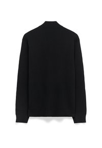 Svart långärmad tröja med ribbad raglanhals, ribbade ärmslut och en slät stickad textur, visad bakifrån mot en vit bakgrund.