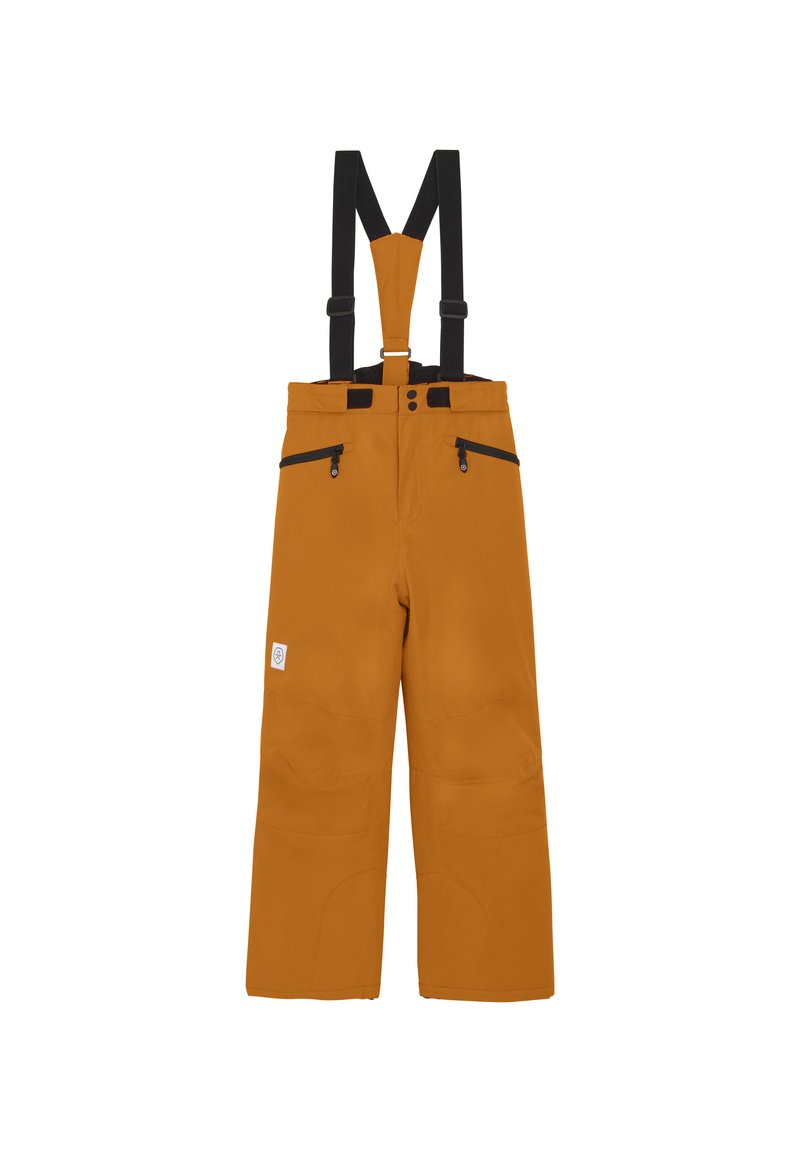 Orange vattentäta byxor med justerbara svarta hängslen, två fickor med dragkedja och förstärkta knäområden för hållbarhet.