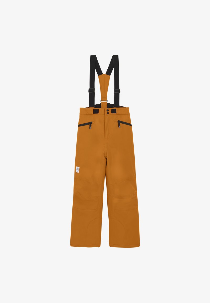 Pomarańczowe wodoodporne spodnie z regulowanymi czarnymi szelkami, dwoma kieszeniami na suwak oraz wzmocnionymi kolanami dla większej trwałości.