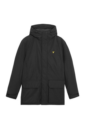 Svart vattentät jacka med huva, som har två framsidans fickor, dragkedjestängning och en liten gul logotyp på bröstet.