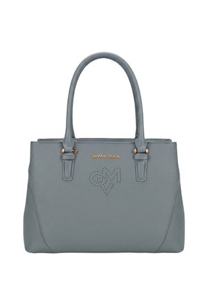 Sac à main en cuir gris avec deux anses, logo de marque doré, et motif perforé cœur et initiales à l'avant.