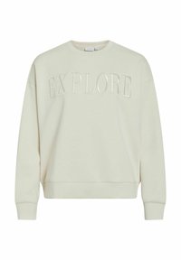 Sudadera de color beige claro con texto en relieve "EXPLORE", escote redondo, mangas largas y puños y dobladillo acanalados. Tejido suave y corte relajado.
