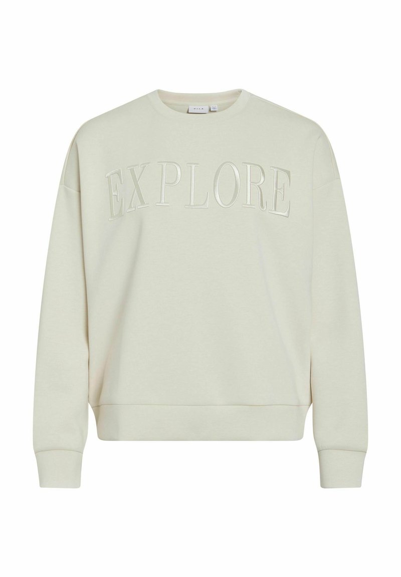 Helles beiges Sweatshirt mit erhabenem "EXPLORE"-Text, rundem Ausschnitt, langen Ärmeln sowie gerippten Bündchen und Saum. Weicher Stoff und lockere Passform.