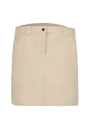 Falda beige hasta la rodilla con botones frontales y cremallera, trabillas para el cinturón, bandas laterales elásticas en la cintura y bolsillos delanteros.