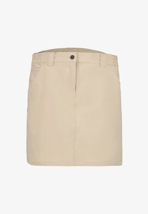 Beige knielange rok met knopen en rits aan de voorkant, riemlussen, elastische taillebanden aan de zijkant en voorzakken.