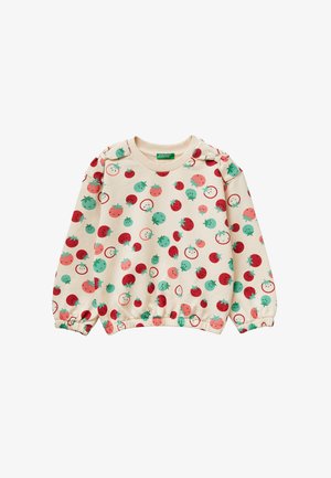 Crèmekleurige sweat met lange mouwen voor peuters, voorzien van elastische manchetten en zoom, bedrukt met glimlachende rode en groene tomaten.