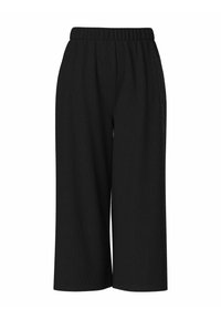 Svart vida byxor med elastisk midja, med en texturerad tyg med subtila vertikala mönster och en lös, avslappnad passform.