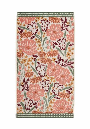 Rektangulært blomsterprint tæppe med pink, orange og hvide blomster, grønne blade og grønne kanter med bølgede designs.