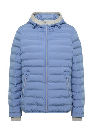 Veste matelassée à capuche bleue avec texture matelassée, col gris et poches latérales zippées. Comprend des manches avec poignets élastiques et une fermeture éclair à l'avant.