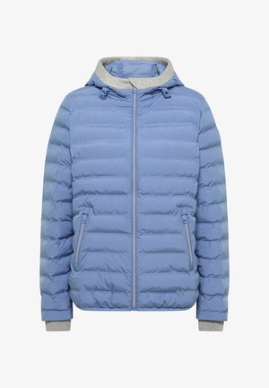 Veste matelassée à capuche bleue avec texture matelassée, col gris et poches latérales zippées. Comprend des manches avec poignets élastiques et une fermeture éclair à l'avant.