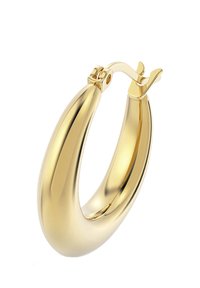 Gul hoops örhänge med en slät, rund design och en polerad yta samt ett säkert lås. Lätt och med böjd form.