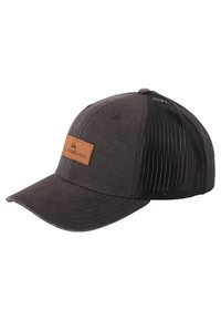 Black cap with a solid fabric front and mesh back. Features a brown leather patch with logo. Curved brim, adjustable strap at the back.