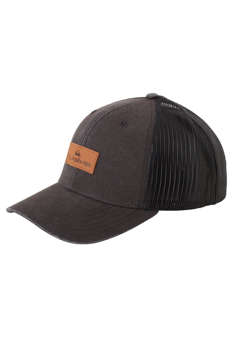 Black cap with a solid fabric front and mesh back. Features a brown leather patch with logo. Curved brim, adjustable strap at the back.