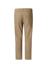 Pantaloni in corduroy khaki con due tasche posteriori, design a gamba dritta, tessuto testurizzato e una patch in pelle in vita.