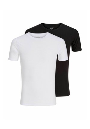 Two plain short-sleeve crew neck T-shirts, one white in front and one black behind, displayed on a white background.