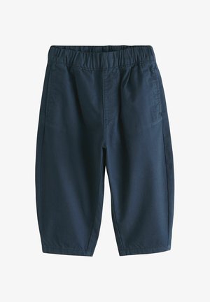 Mørkeblå bukser med elastisk talje, sidelommer, lige ben og enkel syning, designet til afslappet brug.
