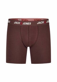 Brown cotton boxer shorts with a snug fit, featuring a contrasting elastic waistband with "JACK & JONES" branding in white and red.