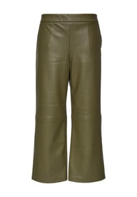 Olijfgroene leren cropped broek met een zachte textuur, een brede pijpdesign en minimale stikdetails. Strak en modern snit.