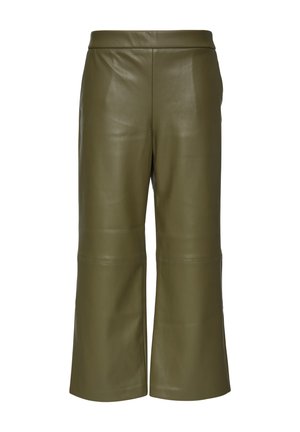 Olijfgroene leren cropped broek met een zachte textuur, een brede pijpdesign en minimale stikdetails. Strak en modern snit.