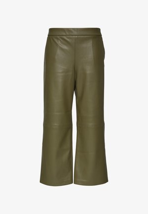 Olijfgroene leren cropped broek met een zachte textuur, een brede pijpdesign en minimale stikdetails. Strak en modern snit.