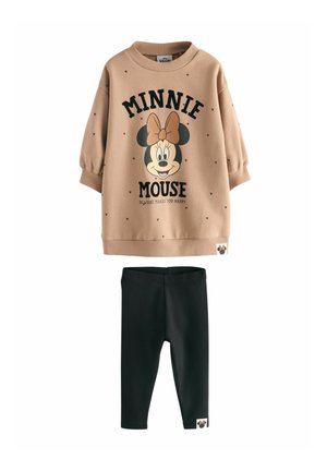 Hanorac bej cu fața lui Minnie Mouse și text, asociat cu colanți negri, ambele având detalii mici cu eticheta Minnie Mouse.