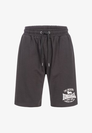 Zwarte katoenen shorts met elastische tailleband en trekkoord. Voorzien van een witte bedrukte logo aan de onderste linkerkant. Glad textuur.