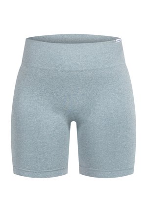 Světle modré bezšvové biker šortky s vysokým pasem, širokým žebrovaným pasem a malou bílou etiketou na boku.