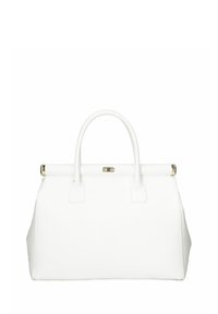 Biała skórzana torebka o zorganizowanym designie, z podwójnymi uchwytami u góry, złotymi akcentami i eleganckim, minimalistycznym wyglądem. Teksturowana powierzchnia.
