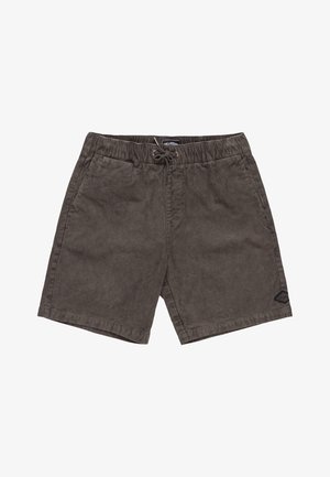 Hnedé kordové šortky s elastickým pásom a šnúrkou, ktoré majú dve bočné vrecká a čierny logo detail v pravom dolnom rohu.