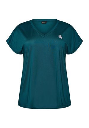 Dames sportshirt met korte mouwen in teal met V-hals en klein wit geometrisch logo op de linkerborst.