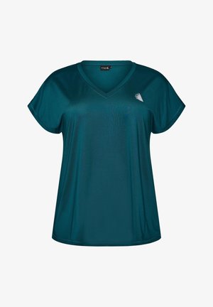 Maglia sportiva da donna a maniche corte color verde acqua con scollo a V e piccolo logo geometrico bianco sul petto sinistro.