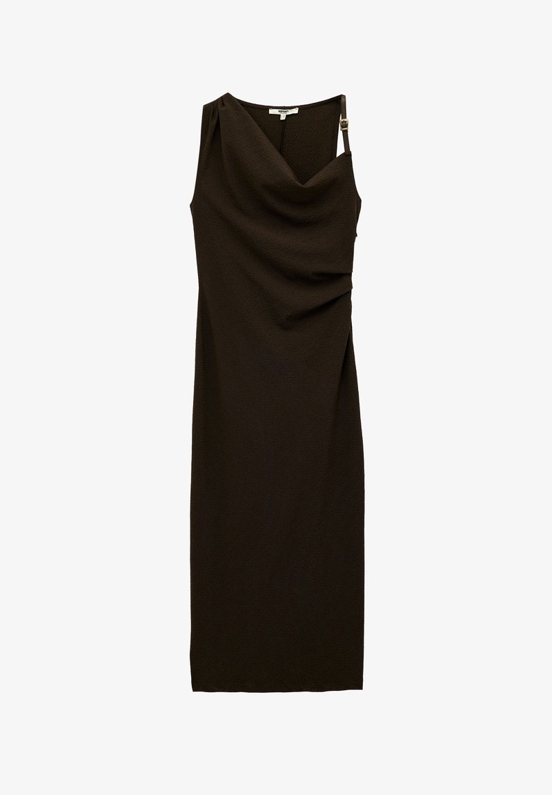 Ärmelloses, drapiertes schwarzes Kleid mit asymmetrischen Details, aus strukturiertem Stoff. Verfügt über einen verstellbaren Träger mit metallischem Akzent.