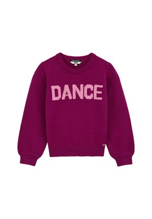 Fuksija pletena majica s natpisom "DANCE" u ružičastim blokovnim slovima preko prednje strane, s rebrastim manžetama i rubom, te okruglim izrezom.