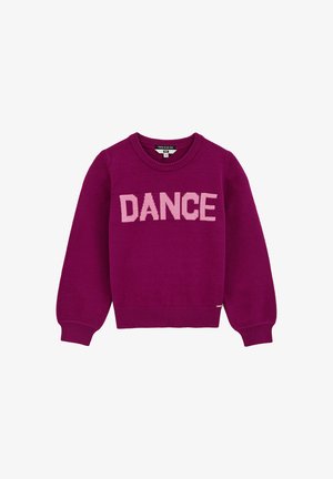 Fuchsiový pletený sveter s nápisom "DANCE" v ružových blokových písmenách na prednej strane, s rebrovanými manžetami a lemom a s okrúhlym výstrihom.