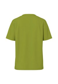 T-shirt uni vert à manches courtes, vu de dos, avec col rond et coupe régulière sur fond blanc.