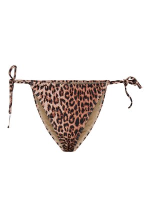 Bas de bikini imprimé léopard avec liens latéraux réglables en tons marron et noir sur doublure beige.