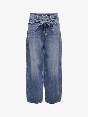 Light blue denim wide-leg jeans with a high waist, front tie detail, five pockets, and frayed hem. Faded wash with subtle whiskering.