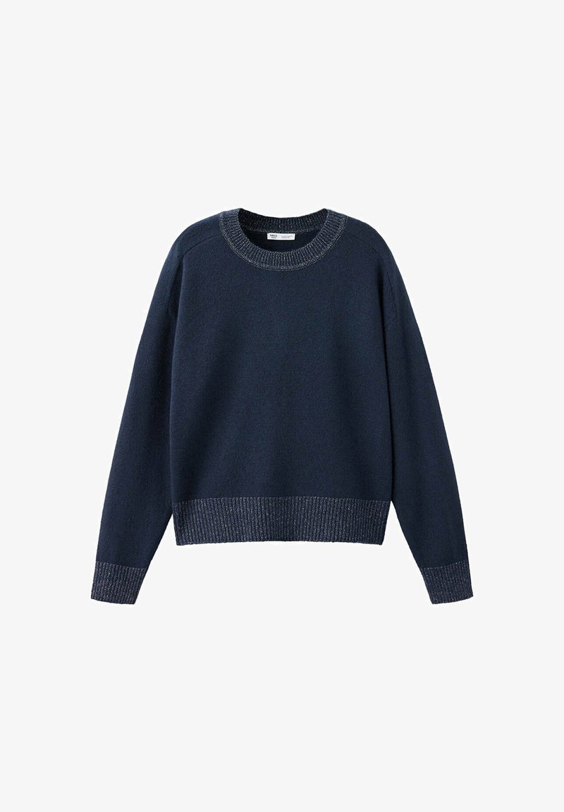 Pull en maille bleu foncé à manches longues avec poignets, ourlet et col rond côtelés.