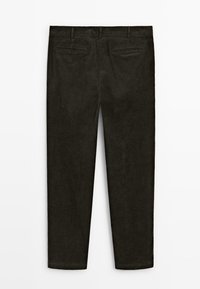 Pantaloni in velluto a coste grigio scuro con una texture liscia, design a gamba dritta, passanti per cintura e due tasche posteriori.