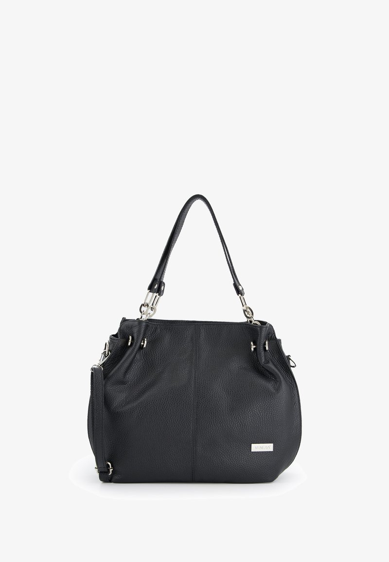 Black leather handbag with a textured finish, featuring silver hardware, dual handles, and a discreet brand logo on the front.