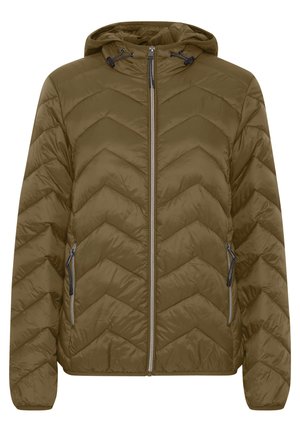 Olivgrüne, isolierte Jacke mit Kapuze, Chevron-Muster, vorderem Reißverschluss und Seitentaschen mit schwarzem Reißverschlusszubehör. Glatte Textur.