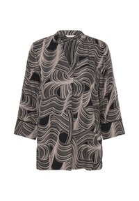 Schwarz-beige gemusterte Bluse mit lockerer Passform, langen Ärmeln und rundem Ausschnitt, der wellenförmige Designs und eine weiche Textur aufweist.